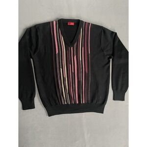 GABICCI Vneck Sweater Mens Lrg‎ Pink Striped Jumper Retro Knit Wool Blend